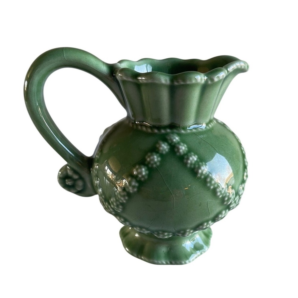 Rare‎ Beautiful Juliska Green Ceramic Embossed Pitcher Vase